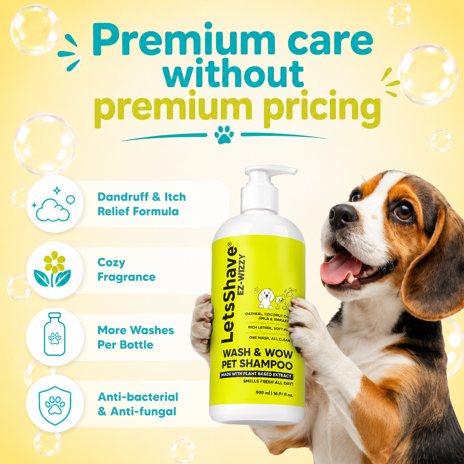 EZ-WIZZY Wash & Wow Pet Shampoo for Dogs | Oatmeal, Coconut Oil, Amla & Shikakai | Anti-Itch, Anti-Dandruff & Deodorizing Formula | 500ml