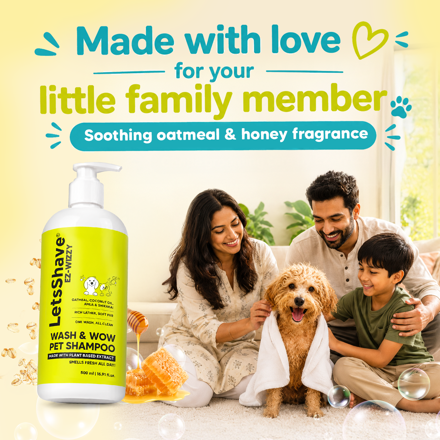 EZ-WIZZY Wash & Wow Pet Shampoo for Dogs | Oatmeal, Coconut Oil, Amla & Shikakai | Anti-Itch, Anti-Dandruff & Deodorizing Formula | 500ml