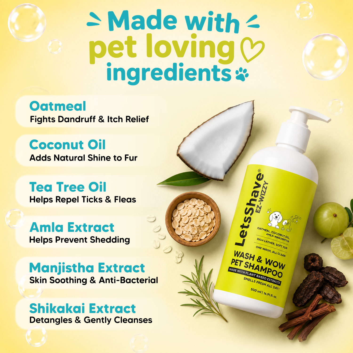 EZ-WIZZY Wash & Wow Pet Shampoo for Dogs | Oatmeal, Coconut Oil, Amla & Shikakai | Anti-Itch, Anti-Dandruff & Deodorizing Formula | 500ml