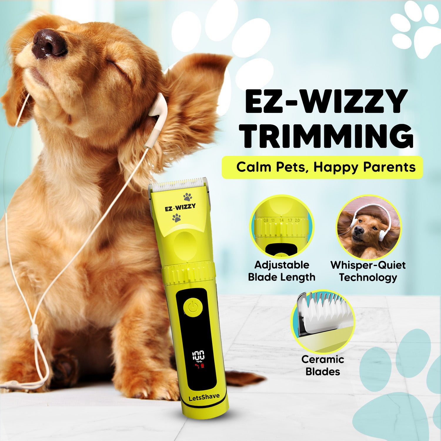 EZ-Wizzy Pet Trimmer Pro – Quiet, Cordless Grooming Kit for Dogs & Cats with Ceramic Blades & Adjustable Length