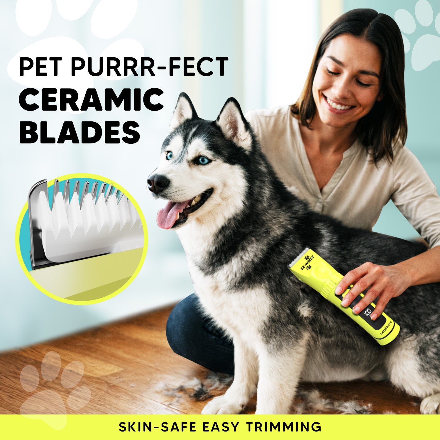 EZ-Wizzy Pet Trimmer Pro – Quiet, Cordless Grooming Kit for Dogs & Cats with Ceramic Blades & Adjustable Length