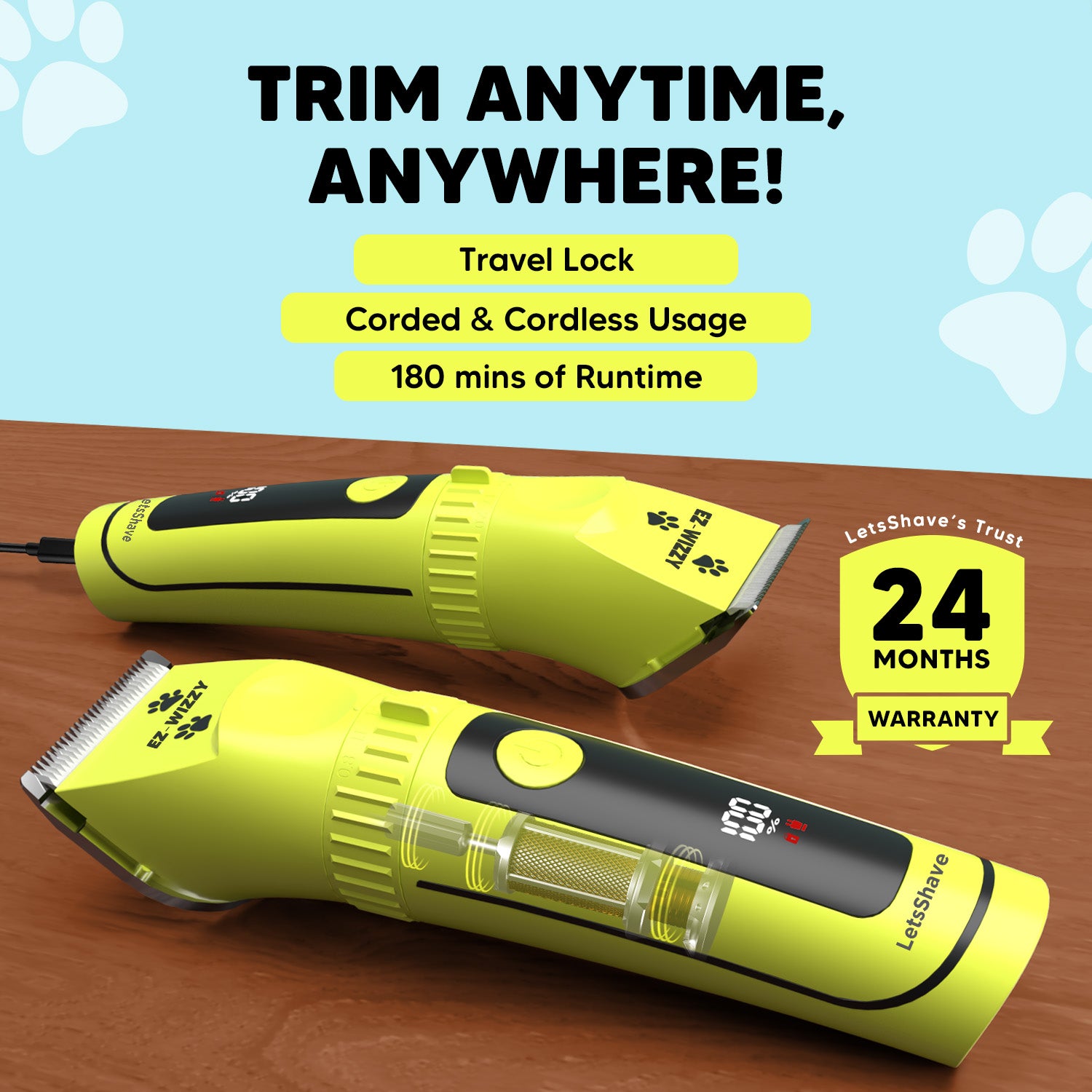 EZ-Wizzy Pet Trimmer Pro – Quiet, Cordless Grooming Kit for Dogs & Cats with Ceramic Blades & Adjustable Length
