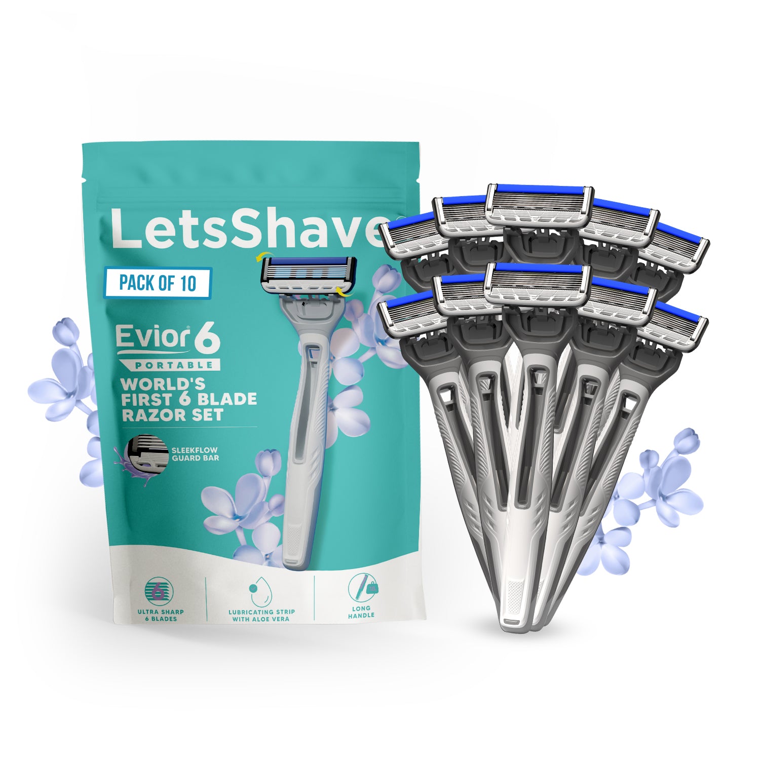 Stay Smooth On-The-Go | Evior Portable 6-Blade Disposable Razors Pack of 10 | Easy, Anytime Shaving