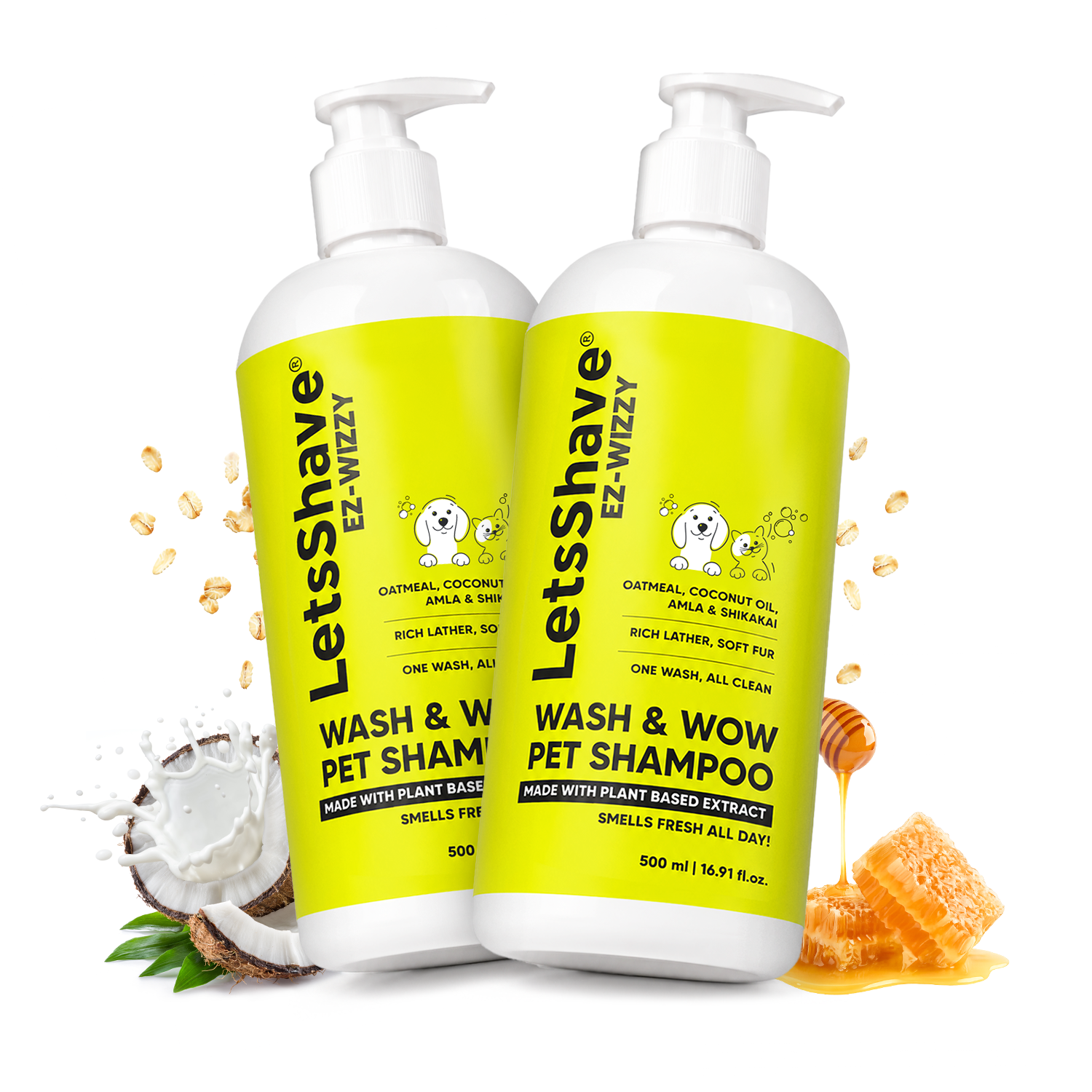 EZ-WIZZY Wash & Wow Pet Shampoo for Dogs | Oatmeal, Coconut Oil, Amla & Shikakai | Anti-Itch, Anti-Dandruff & Deodorizing Formula | 500ml